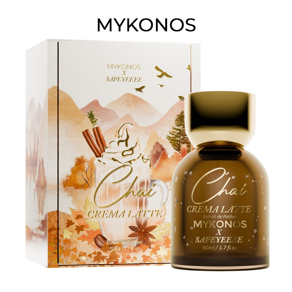 MYKONOS Chai Crema Latte perfume bottle and packaging on a white background